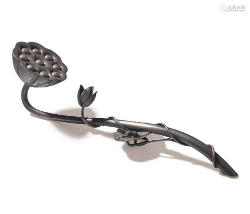 A SILVER 'LOTUS POD-HEAD WITH FROG' RUYI