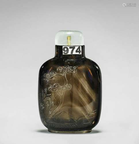 ANTIQUE CARVED SMOKEY QUARTZ SNUFF BOTTLE