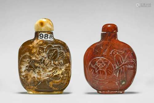 TWO CARVED JASPER SNUFF BOTTLES