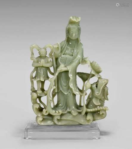 JADE FIGURAL GROUP: Guanyin & Attendant