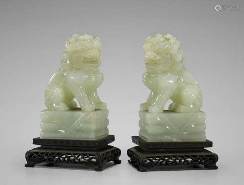 PAIR CHINESE CARVED JADE LIONS