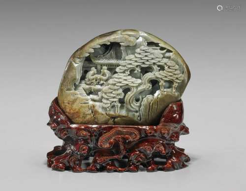 CARVED JADE BOULDER: Sages & Pine