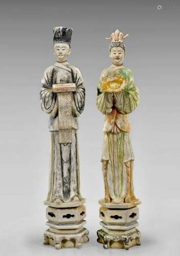 PAIR TALL MING DYNASTY POTTERY FIGURES