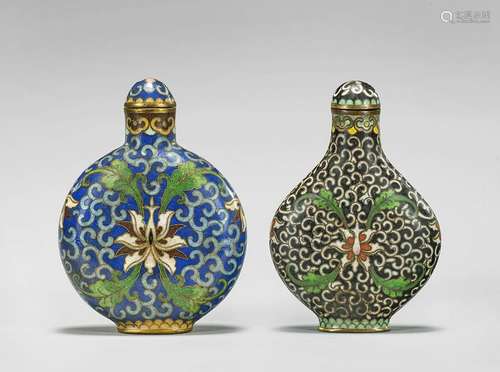 TWO QIANLONG-STYLE CLOISONNE ENAMEL SNUFF BOTTLE: Lotus