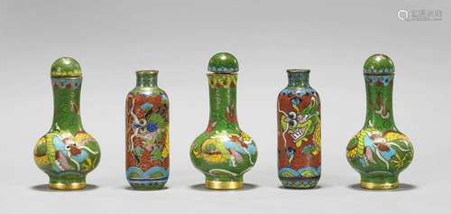 FIVE-PIECE CLOISONNE ENAMEL SNUFF BOTTLES: Miniature