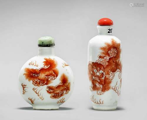 TWO ANTIQUE CORAL RED ENAMELED PORCELAIN SNUFF BOTTLES: