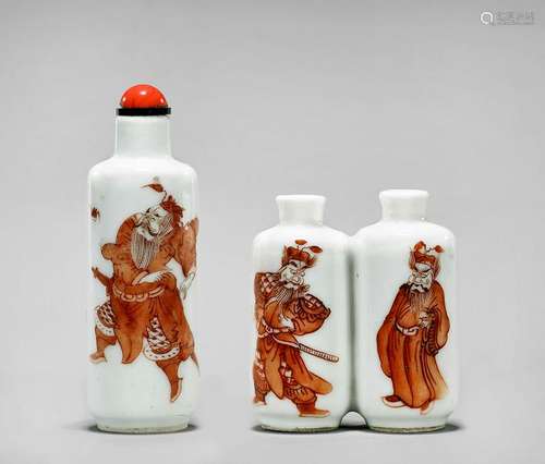 TWO ANTIQUE CORAL RED ENAMELED PORCELAIN SNUFF BOTTLES: