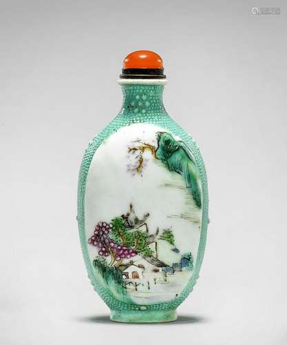 OLD MOLDED & ENAMELED PORCELAIN SNUFF BOTTLE