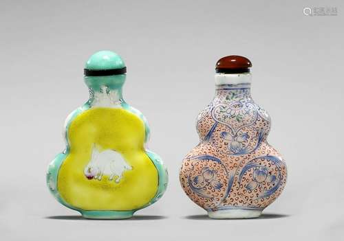 TWO OLD QIANLONG-STYLE ENAMELED PORCELAIN SNUFF BOTTLES