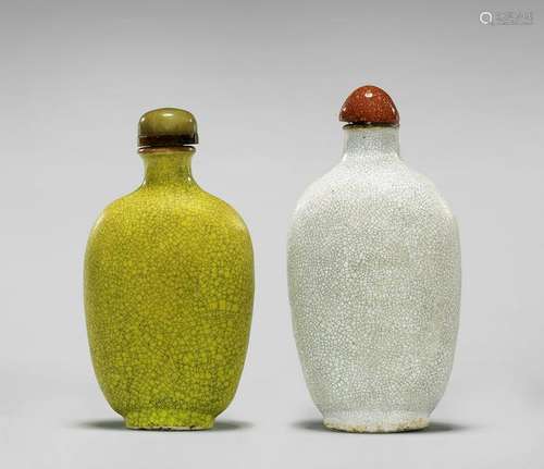 TWO ANTIQUE CRACKLE GLAZED PORCELAIN SNUFF BOTTLES