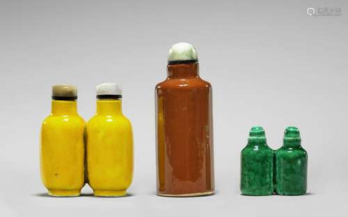 THREE MONOCHROME GLAZED PORCELAIN SNUFF BOTTLES