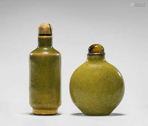 TWO ANTIQUE TEADUST GLAZED PORCELAIN SNUFF BOTTLES