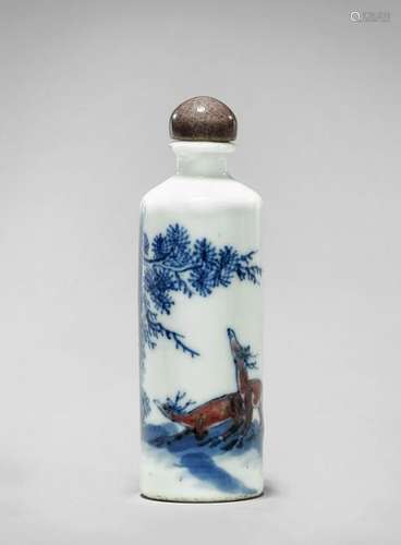 ANTIQUE BLUE & COPPER-RED PORCELAIN SNUFF BOTTLE