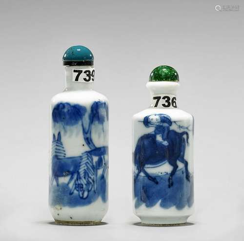 TWO ANTIQUE PORCELAIN BLUE & WHITE SNUFF BOTTLES