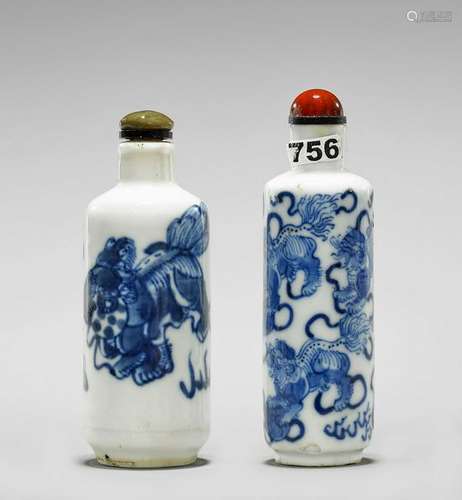 TWO ANTIQUE BLUE & WHITE PORCELAIN SNUFF BOTTLES