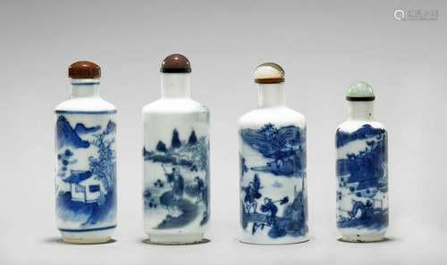 FOUR OLD & ANTIQUE BLUE & WHITE PORCELAIN SNUFF BOTTLES