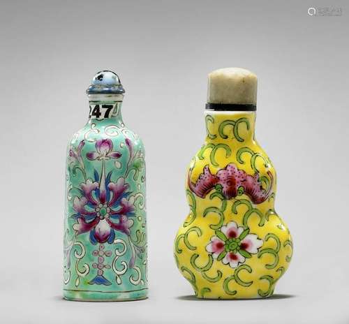 TWO ENAMELED PORCELAIN SNUFF BOTTLES