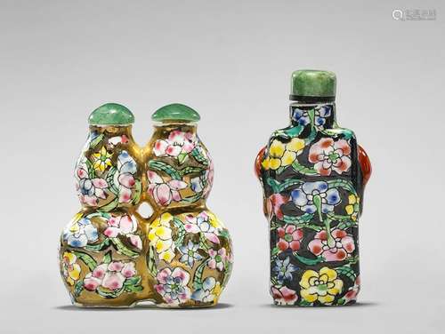 TWO FLORAL ENAMELED PORCELAIN SNUFF BOTTLES