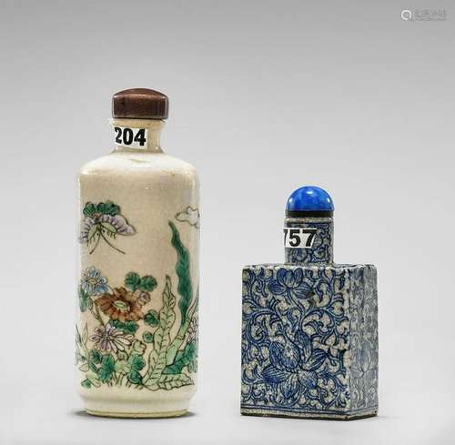 TWO CRACKLE-GLAZED ENAMELED PORCELAIN SNUFF BOTTLES