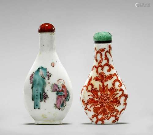 TWO ENAMELED PORCELAIN SNUFF BOTTLES