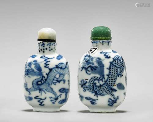 TWO BLUE & WHITE PORCELAIN SNUFF BOTTLES