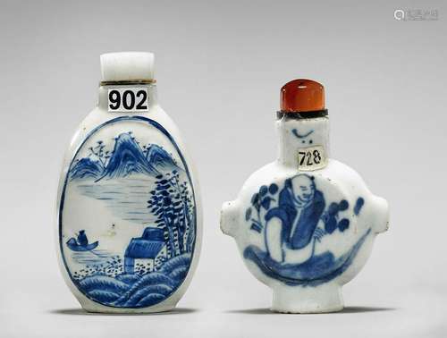 TWO BLUE & WHITE PORCELAIN SNUFF BOTTLES