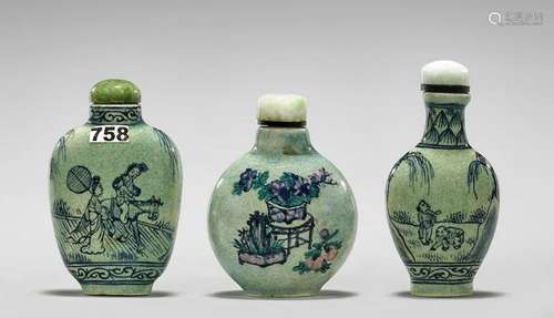 THREE CELADON SNUFF BOTTLES