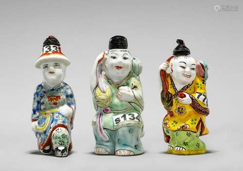 THREE FIGURAL ENAMELED PORCELAIN SNUFF BOTTLES