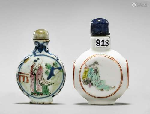 TWO ANTIQUE ENAMELED PORCELAIN MOONFLASK SNUFF BOTTLES