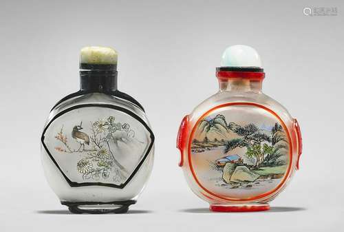 TWO INSIDE-PAINTED OVERLAY GLASS SNUFF BOTTLES