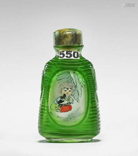 INSIDE-PAINTED GREEN OVERLAY GLASS SNUFF BOTTLE