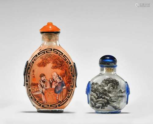 TWO INSIDE-PAINTED OVERLAY GLASS SNUFF BOTTLES