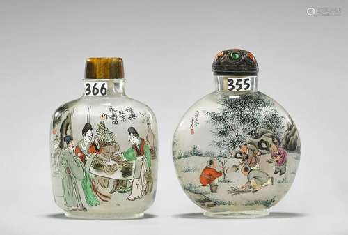 TWO LARGE INSIDE-PAINTED GLASS SNUFF BOTTLES