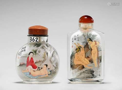 TWO LARGE EROTIC INSIDE-PAINTED GLASS SNUFF BOTTLES