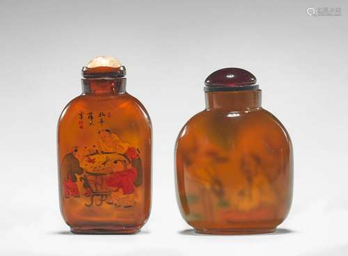 TWO INSIDE-PAINTED AMBER GLASS SNUFF BOTTLES