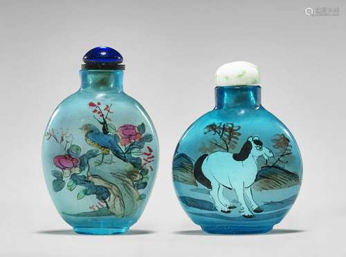 TWO INSIDE-PAINTED BLUE GLASS SNUFF BOTTLES