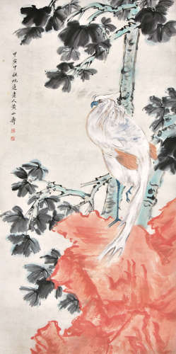 黄山寿花鸟 纸本镜片