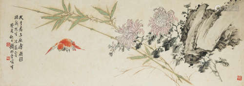 Bamboo, Chrysanthemum, Rock and Sparrow Qian Songyan (1899-1985)