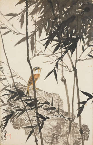Bird, Bamboo and Rocks Chen Peiqiu (b.1922)