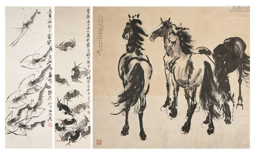 Woodblock Prints  Qi Baishi (1864-1957) Shrimp; Qi Baishi (1864-1957) Crabs; Xu Beihong (1895-1953) Horses