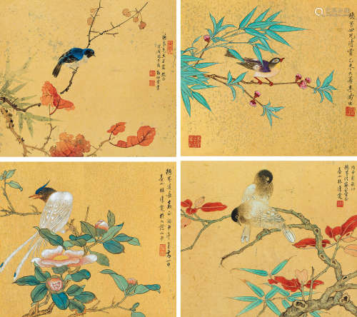 李凤公林清霓金勤伯 1955年作、1956年作、1958年作 工笔花鸟 镜片 （四开） 设色金笺卡纸