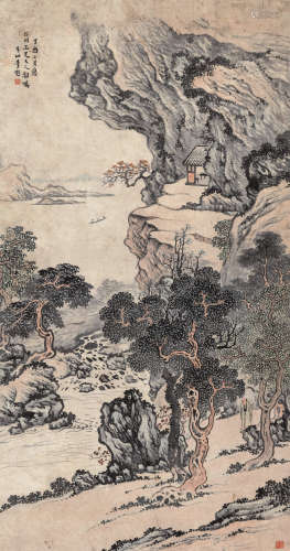 李斗山 1837年作 巨幅山水《秋山放艇》 立轴 设色纸本