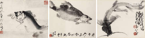 高剑父杨善深赵少昂 1945年作、1988年作、1990年作 鱼 （三帧） 镜框 水墨纸本