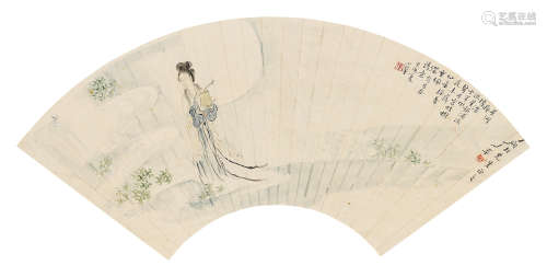 陈小翠 1934年作 人物 扇面 镜片 设色纸本