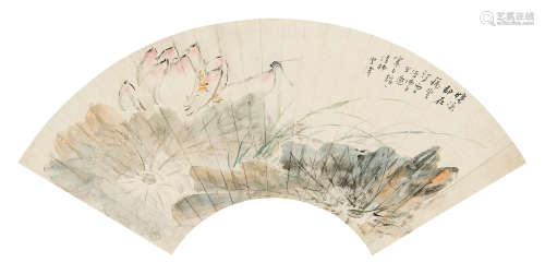 王雪涛 1936年作 荷花蜻蜓 扇面 镜片 设色纸本