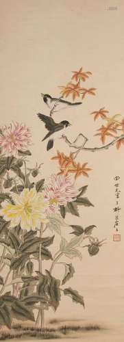 CHINESE BIRD AND FLOWER PAINTING SCROLL
