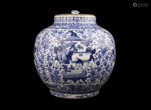 BLUE AND WHITE PORCELAIN OVOID COVERED JAR