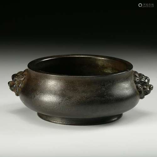 CHINESE BRONZE CENSER W. FOOLION MASK