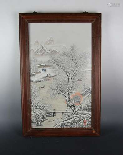 CHINESE PORCELAIN PLAQUE WALL PANEL, SNOW SCENE