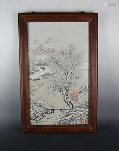 CHINESE PORCELAIN PLAQUE WALL PANEL, SNOW SCENE